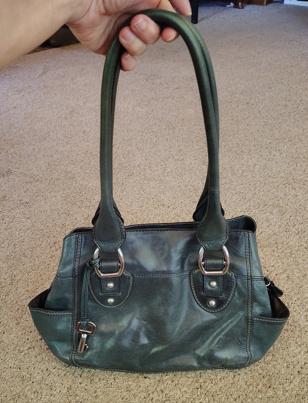 Fossil Dark Green Leather Handbag Satchel Side & Inner Pockets Keyfob 75082